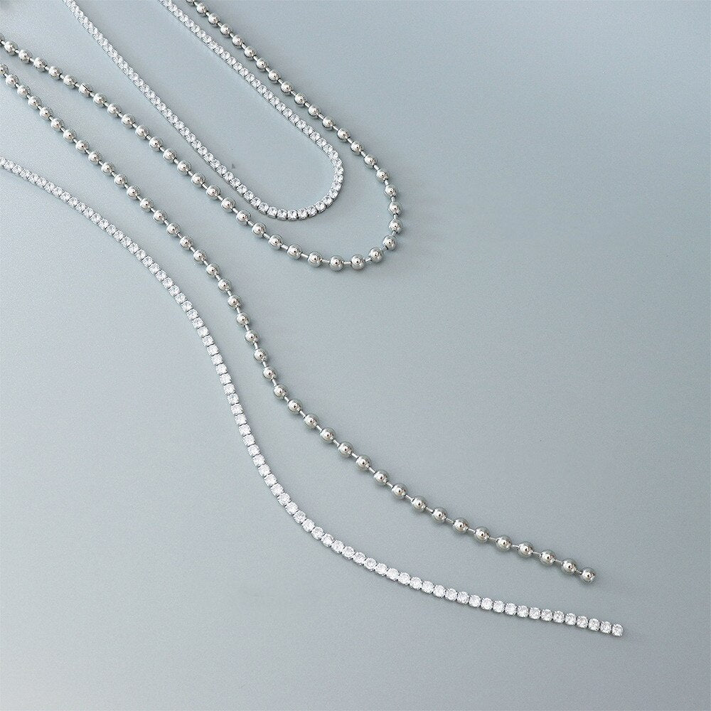 Silver Color Stainless Steel Long Beads Tassel Necklace For Women Jewelry, Hiphop Crystal Neck Chains Necklaces Female