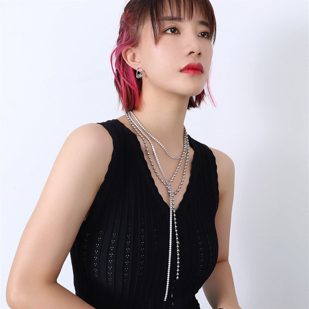 Silver Color Stainless Steel Long Beads Tassel Necklace For Women Jewelry, Hiphop Crystal Neck Chains Necklaces Female