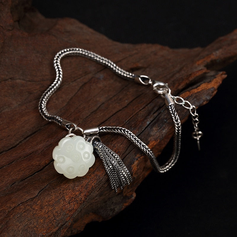 Fashion Silver S925 Pure Silver Antique Mosaic And Tian Yu White Jade Lotus Fringes Lady's High-end Joker Chain Wholesale
