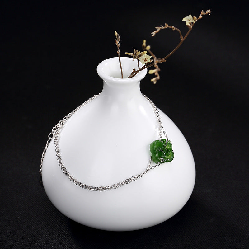 Fashion Silver S925 Pure Silver Natural Hetian Jade Four Leaf Grass Simple And Easy Lady Silver Bracelet Jewelry Wholesale