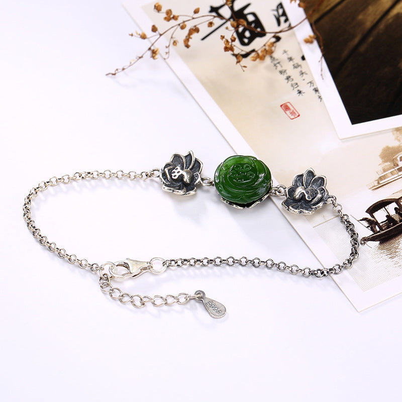Fashion Silver S925 Pure Silver Natural Hetian Jade Lotus Lotus Ancient Retro Personality Chain Girl Accessories Wholesale