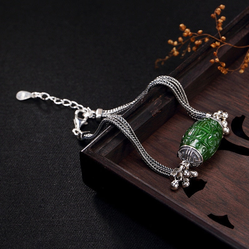 Fashion Silver S925 Pure Silver Retro Natural Jade Field Jade Jade Transfer Pearl Lady High-end Silver Bracelet Wholesale