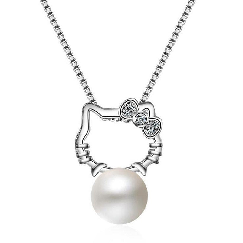 Fashion Simple 925 Silver White Zircon Pearl Cute Cat Pendant Necklace For children Girls Short Clavicle Necklace Jewelry NZ210