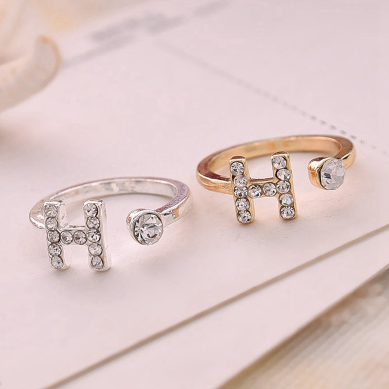 Fashion Simple H Letter Ring For Women Sweet Temperament Gold/Silver Colour Alloy Natural Stone Rhinestone Jewelry Gifts