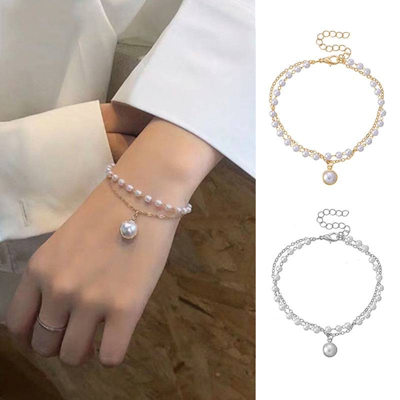 Simple Multilayer Pearl Bracelet for Women Ins Temperament Sweet Pendant Bracelets Jewelry Girls Party Gift