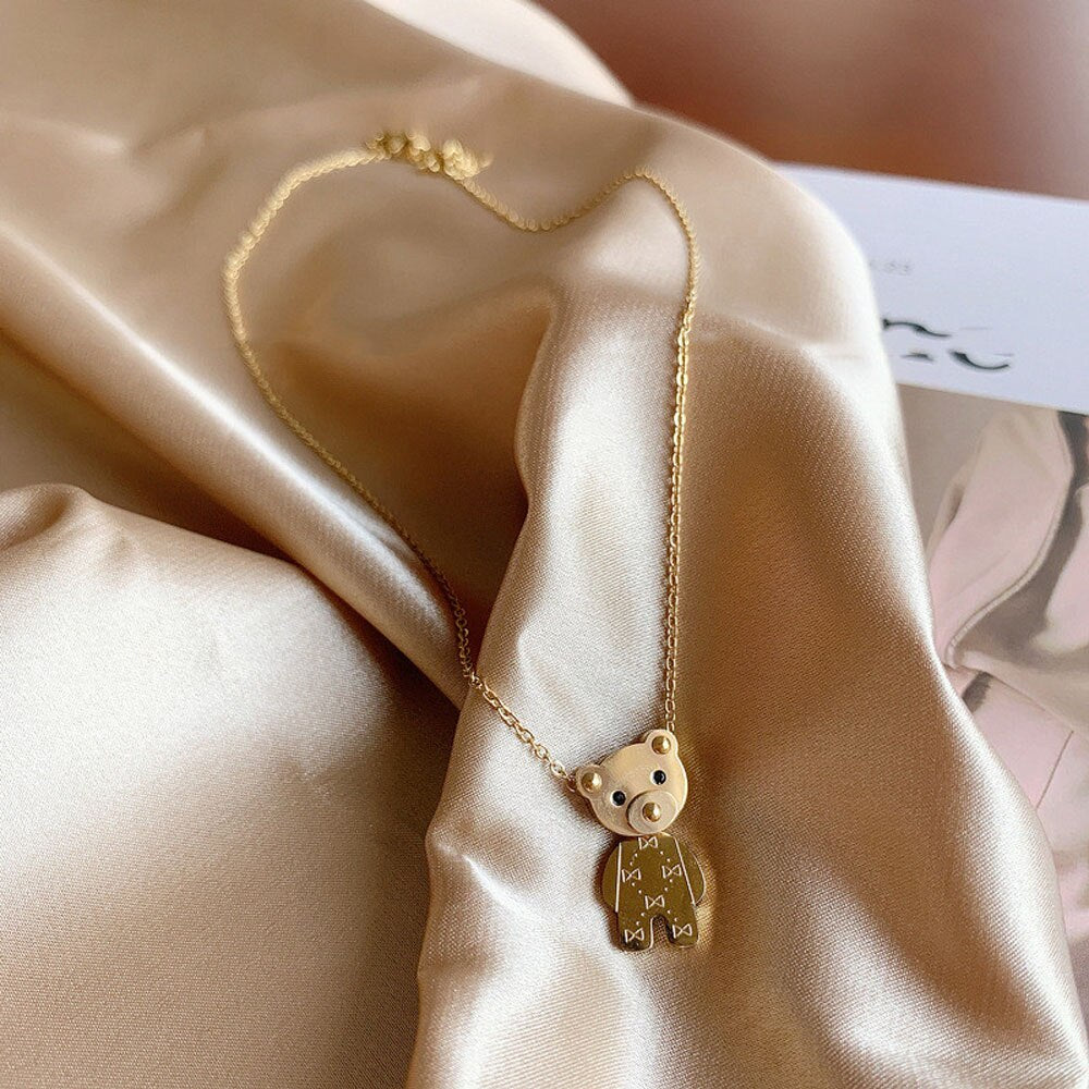 Simple Titanium Steel Cute Bear Pendant Necklace Women Girl Exquisite Wild Clavicle Chain Necklace Hip Hop Jewelry