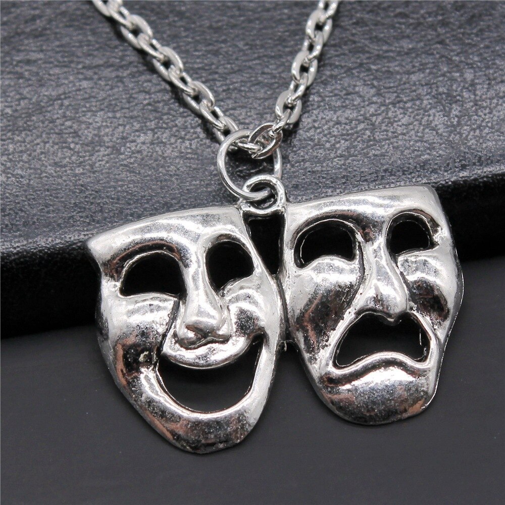 Simple Vintage Antique Silver Color 30x23mm Laughing Face Sad Face Pendant Necklace For Women