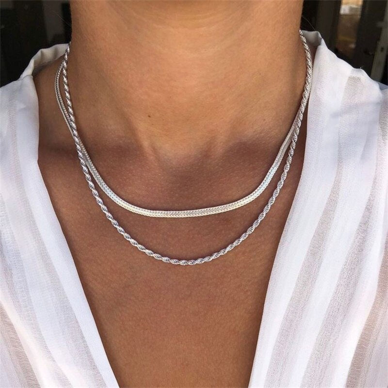 Simple Women Necklaces Silver Color Braided Snake Chain Party Clavicle Chain Ladies Sexy Beach Party Wedding Jewelry