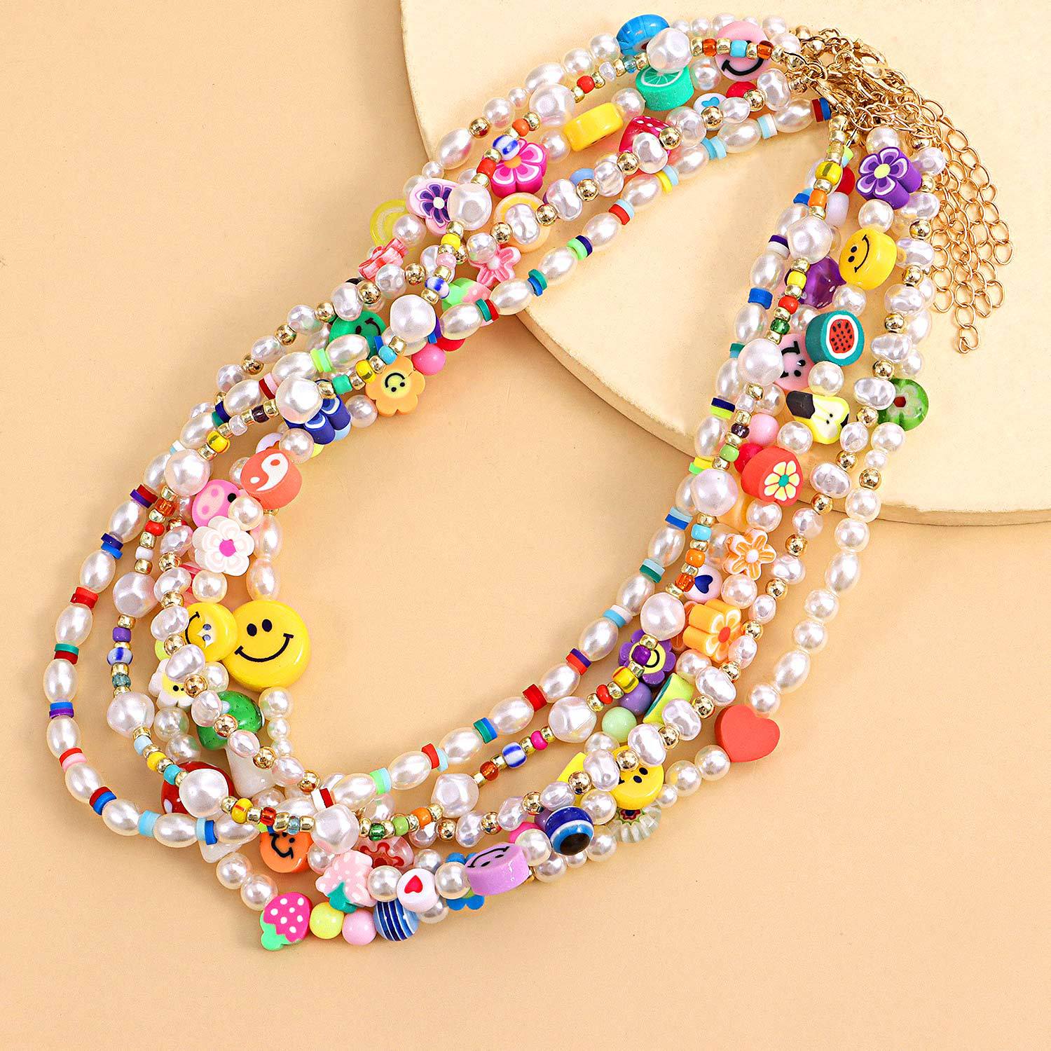 Simulated Pearl Fruit Choker Necklace For Women Bohemian Simple Face Flower Bead Short Collar Beach Gift