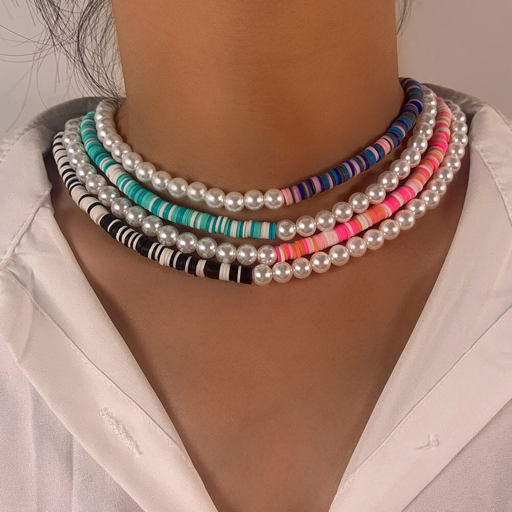 Simulated Pearl Polymer Clay Necklace Soft Pottery Choker Colorful Surfer Bead Collar Handmade Femme Jewelry Gift