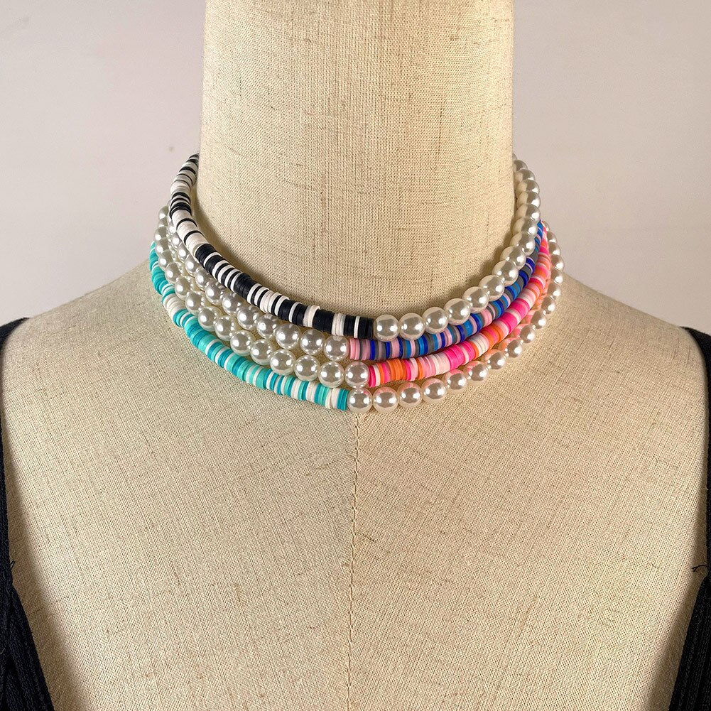 Simulated Pearl Polymer Clay Necklace Soft Pottery Choker Colorful Surfer Bead Collar Handmade Femme Jewelry Gift