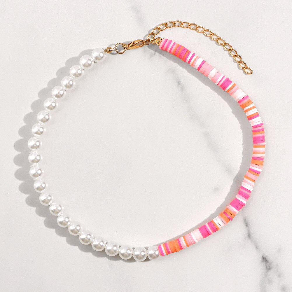 Simulated Pearl Polymer Clay Necklace Soft Pottery Choker Colorful Surfer Bead Collar Handmade Femme Jewelry Gift