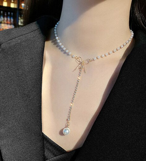 Small Pearl Bowknot Long Necklace Bohemian Choker Chain Female