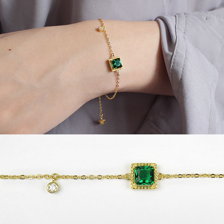 Fashion Square Green CZ Golden 925 Sterling Silver Bracelet