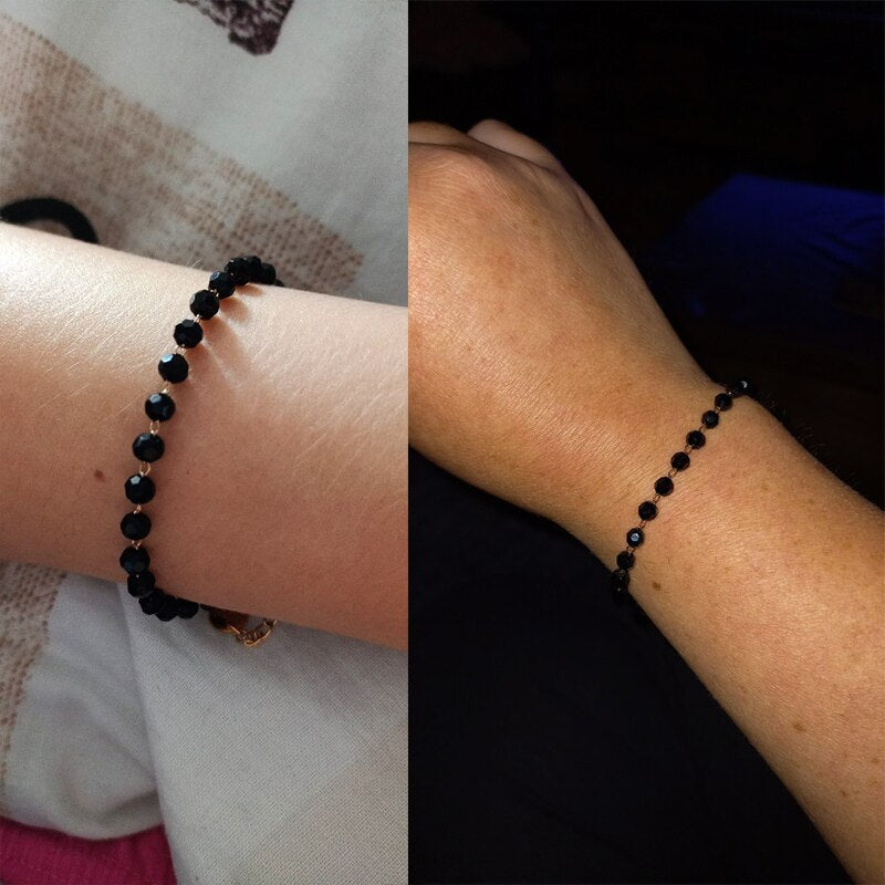 Stainless Steel Bracelets For Women Black Crystal Beads Bracelet Gold Color Link Chain Bracelet Pulseras Mujer Moda 2022