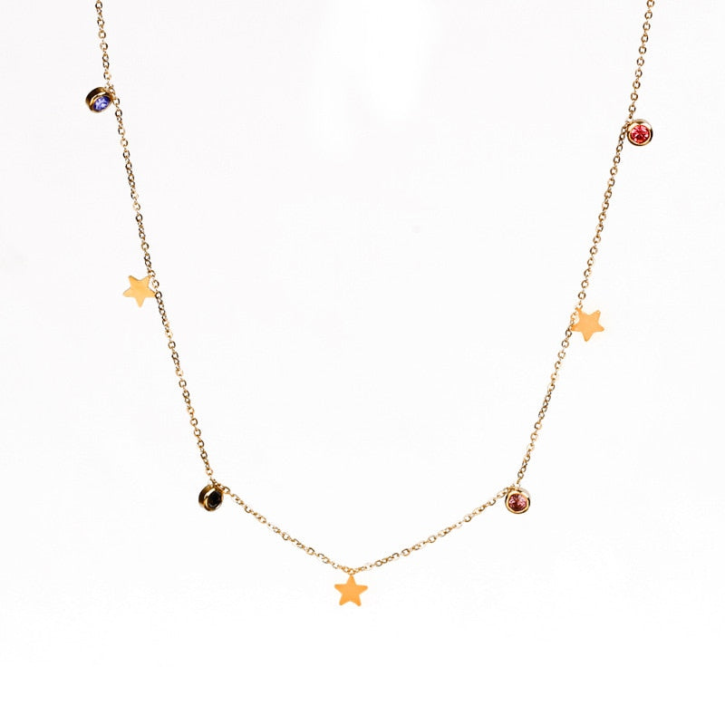 Stainless Steel Five Star Choker Necklace For Women Colorful Zircon Crystal Pendant Necklace Charms Collier Jewelry Gift