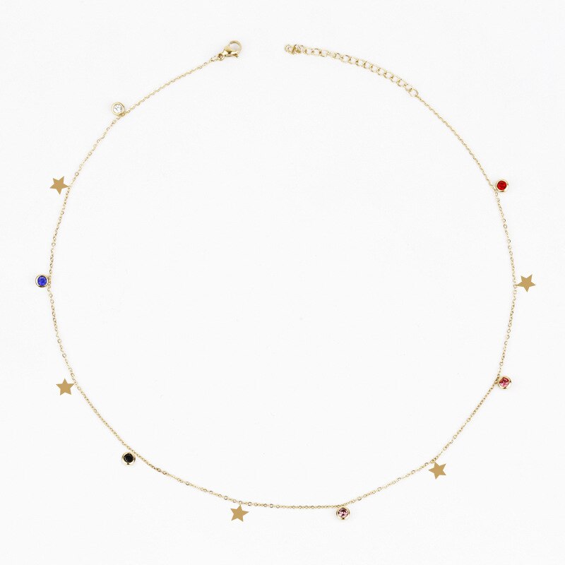 Stainless Steel Five Star Choker Necklace For Women Colorful Zircon Crystal Pendant Necklace Charms Collier Jewelry Gift