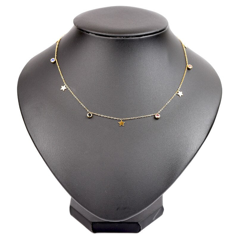 Stainless Steel Five Star Choker Necklace For Women Colorful Zircon Crystal Pendant Necklace Charms Collier Jewelry Gift