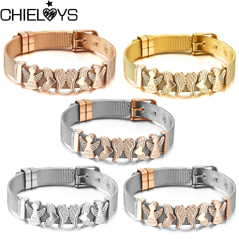 Stainless Steel Mesh Bracelets For Women Girls Original Charm Brand Watch Belt Bracelet CZ Angel Beads Bangle Gift