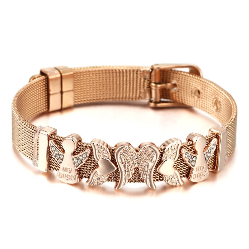 Stainless Steel Mesh Bracelets For Women Girls Original Charm Brand Watch Belt Bracelet CZ Angel Beads Bangle Gift