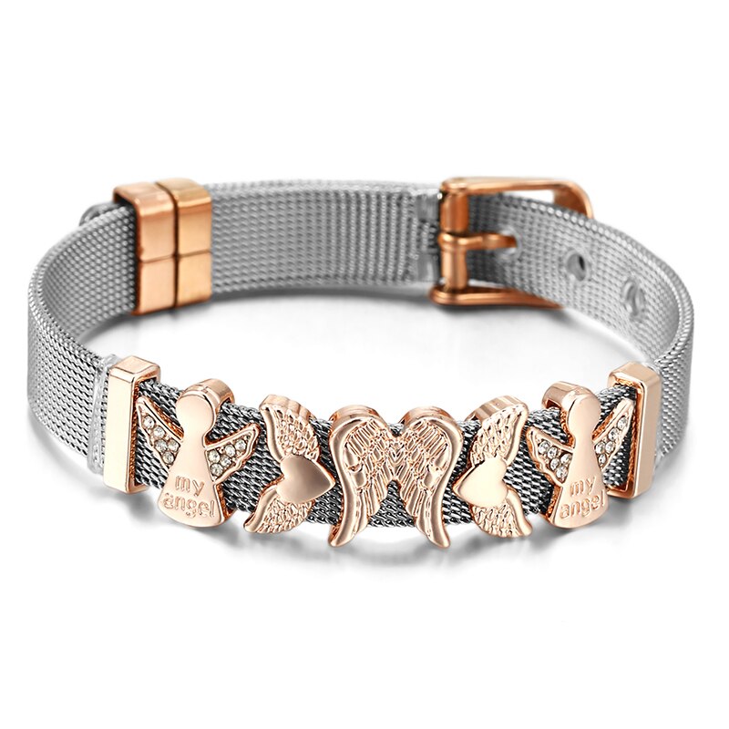 Stainless Steel Mesh Bracelets For Women Girls Original Charm Brand Watch Belt Bracelet CZ Angel Beads Bangle Gift