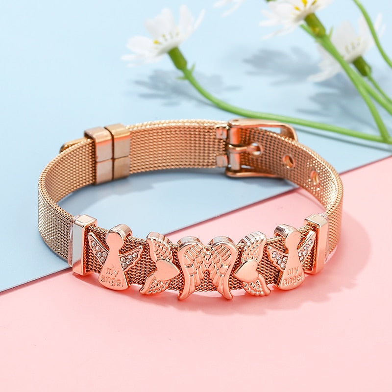 Stainless Steel Mesh Bracelets For Women Girls Original Charm Brand Watch Belt Bracelet CZ Angel Beads Bangle Gift