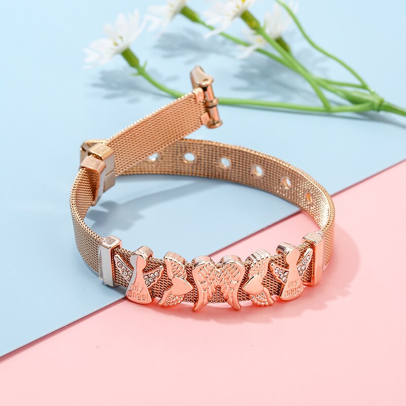 Stainless Steel Mesh Bracelets For Women Girls Original Charm Brand Watch Belt Bracelet CZ Angel Beads Bangle Gift