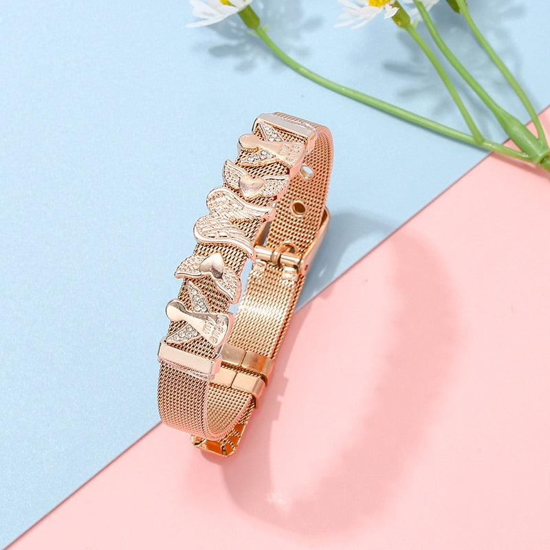 Stainless Steel Mesh Bracelets For Women Girls Original Charm Brand Watch Belt Bracelet CZ Angel Beads Bangle Gift