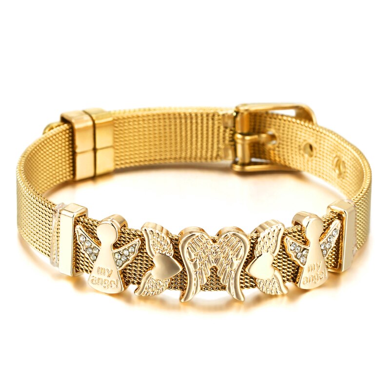 Stainless Steel Mesh Bracelets For Women Girls Original Charm Brand Watch Belt Bracelet CZ Angel Beads Bangle Gift