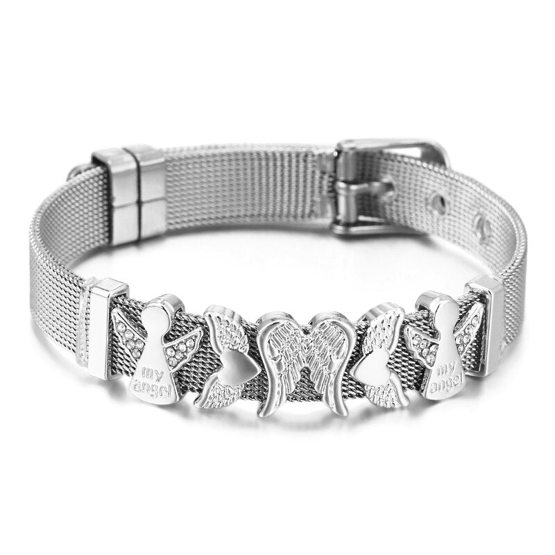 Stainless Steel Mesh Bracelets For Women Girls Original Charm Brand Watch Belt Bracelet CZ Angel Beads Bangle Gift
