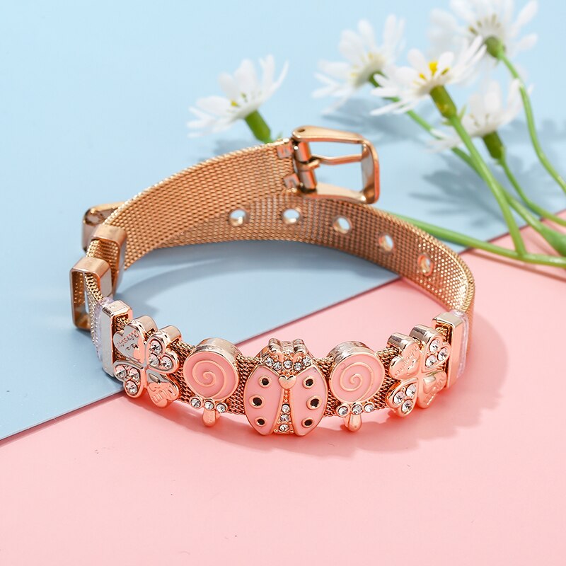 Stainless Steel Mesh Bracelets For Women Girls Original Charm Brand Watch Belt Bracelet CZ Beads Adjustable Bangle Gift