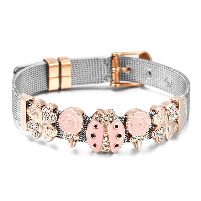 Stainless Steel Mesh Bracelets For Women Girls Original Charm Brand Watch Belt Bracelet CZ Beads Adjustable Bangle Gift