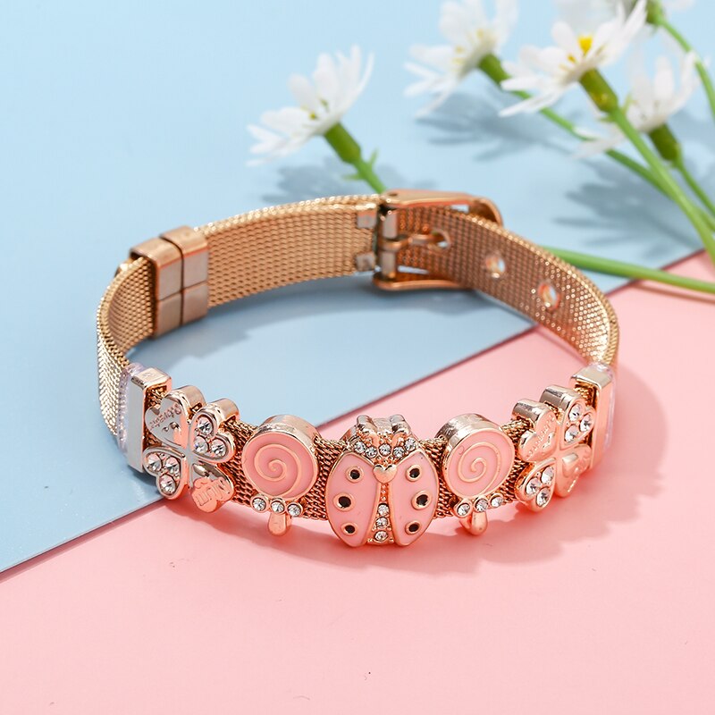 Stainless Steel Mesh Bracelets For Women Girls Original Charm Brand Watch Belt Bracelet CZ Beads Adjustable Bangle Gift