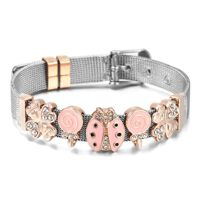 Stainless Steel Mesh Bracelets For Women Girls Original Charm Brand Watch Belt Bracelet CZ Beads Adjustable Bangle Gift