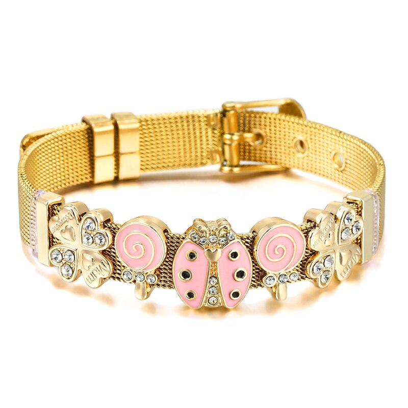 Stainless Steel Mesh Bracelets For Women Girls Original Charm Brand Watch Belt Bracelet CZ Beads Adjustable Bangle Gift