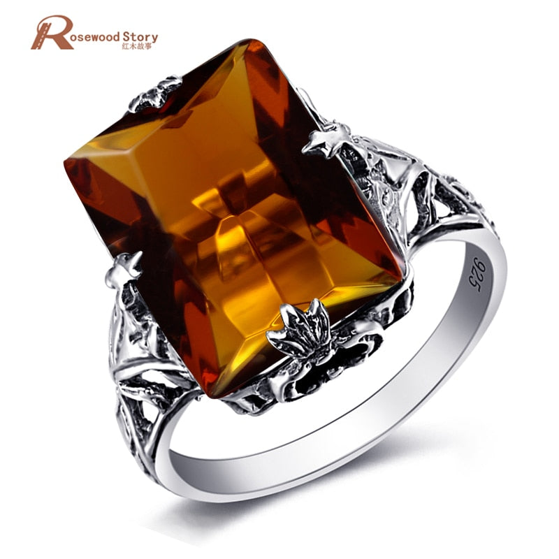 Fashion Sterling Silver 925 Bridal Wedding Rings Square Brown Stone Amber Women Wedding Band Finger Rings Fine Jewellery