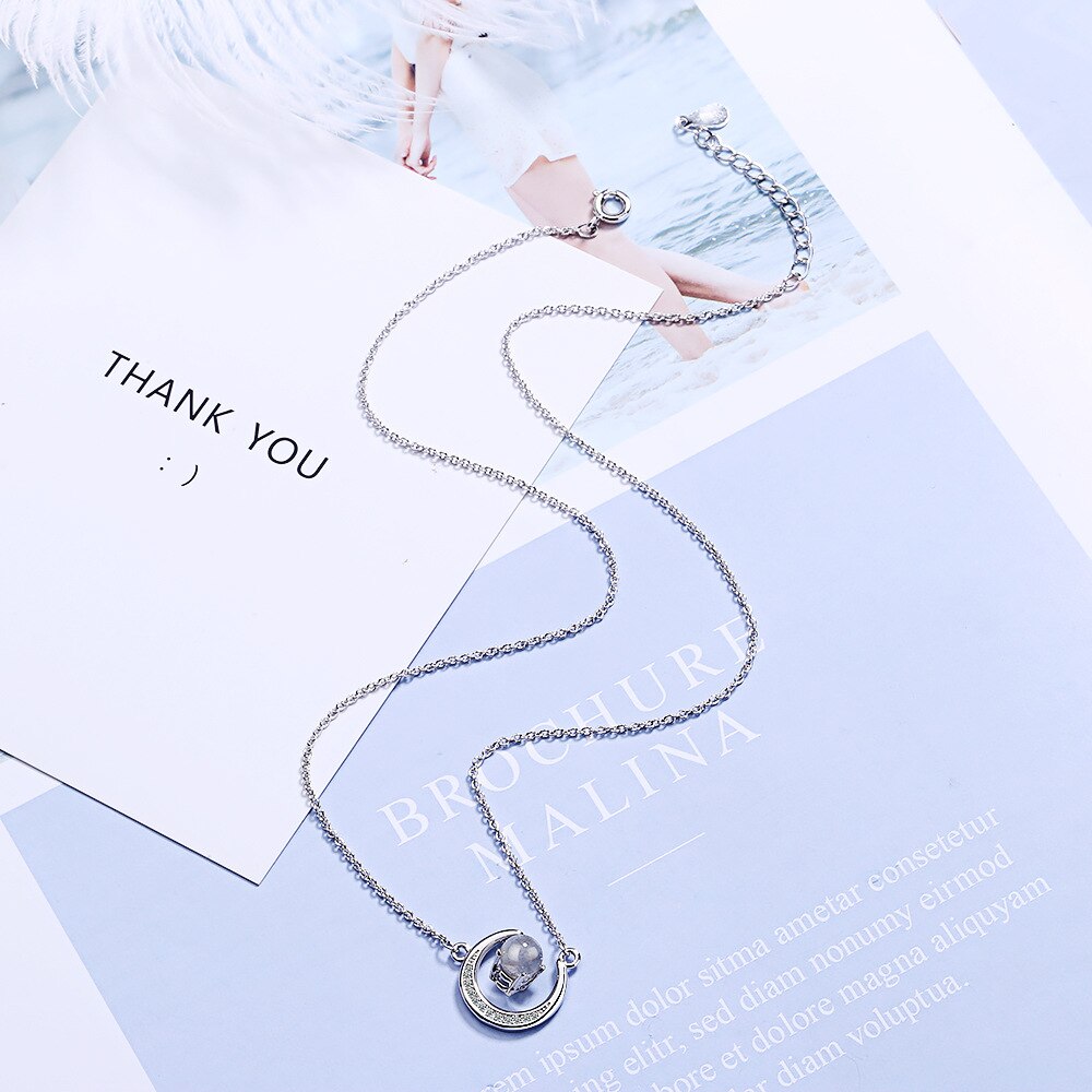 Strawberry Quartz Moon Pendants And Necklaces For Women 925 Stamp Silver Color Wedding Party Jewelry Gifts GaaBou