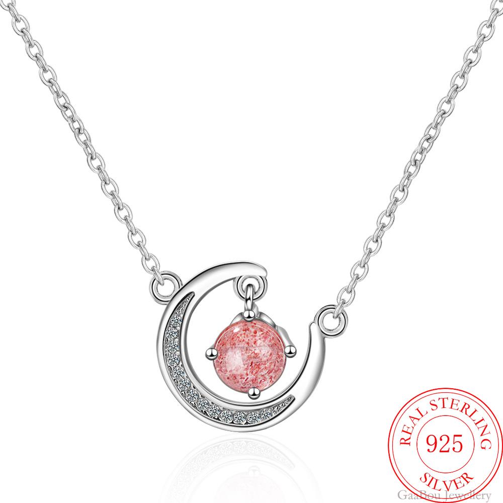 Strawberry Quartz Moon Pendants And Necklaces For Women 925 Stamp Silver Color Wedding Party Jewelry Gifts GaaBou