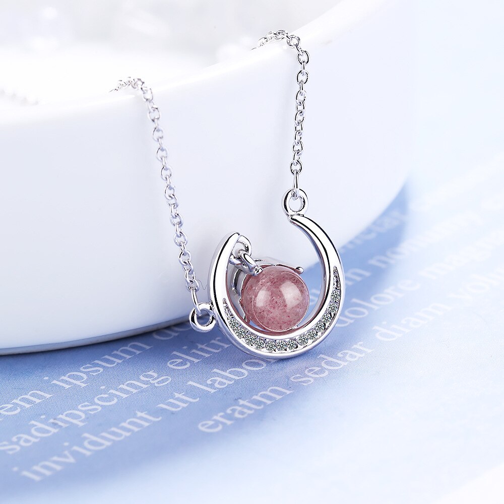 Strawberry Quartz Moon Pendants And Necklaces For Women 925 Stamp Silver Color Wedding Party Jewelry Gifts GaaBou