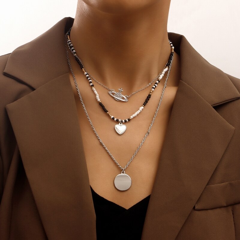 String Beads Necklaces for Women Boho Black White Bead Charm Chain Simple Heart Circular Pendant Necklace Female Jewlery