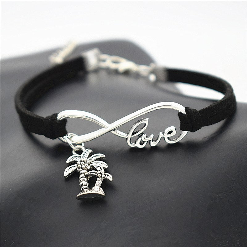 Fashion Summer Beach Vintage Plant Antique Silver Double Coconut Palm Tree Charm Leather Infinity Love Bracelets Gifts Jewelry