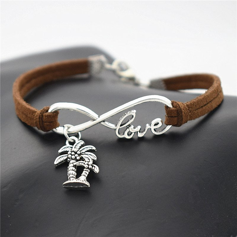 Fashion Summer Beach Vintage Plant Antique Silver Double Coconut Palm Tree Charm Leather Infinity Love Bracelets Gifts Jewelry