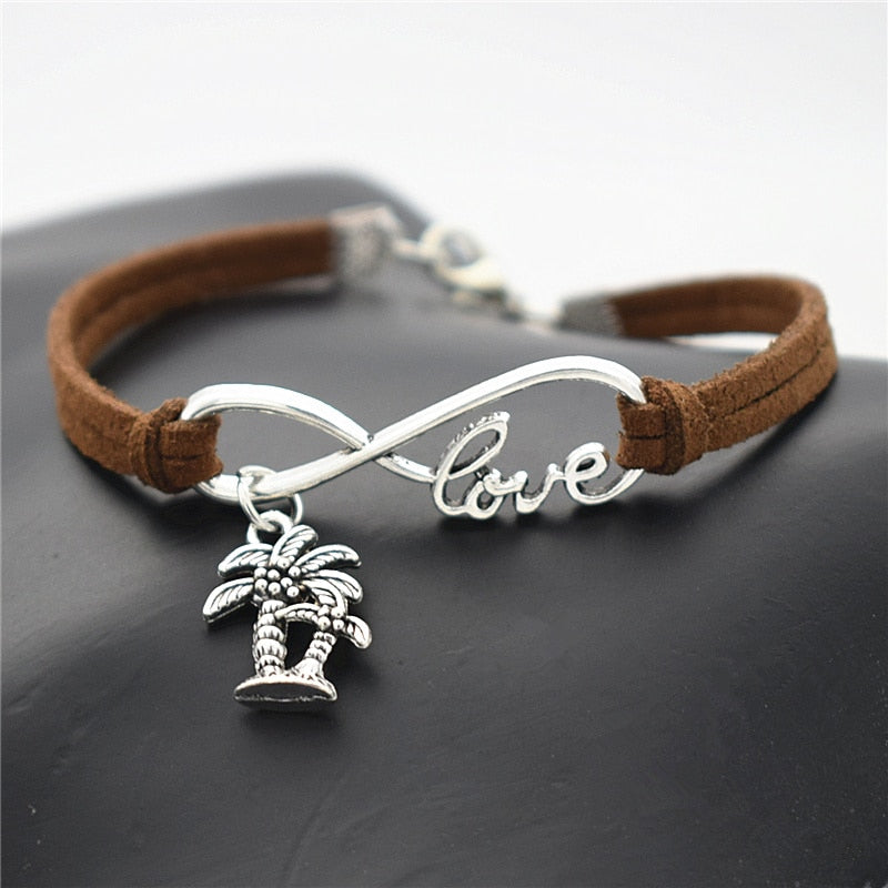 Fashion Summer Beach Vintage Plant Antique Silver Double Coconut Palm Tree Charm Leather Infinity Love Bracelets Gifts Jewelry