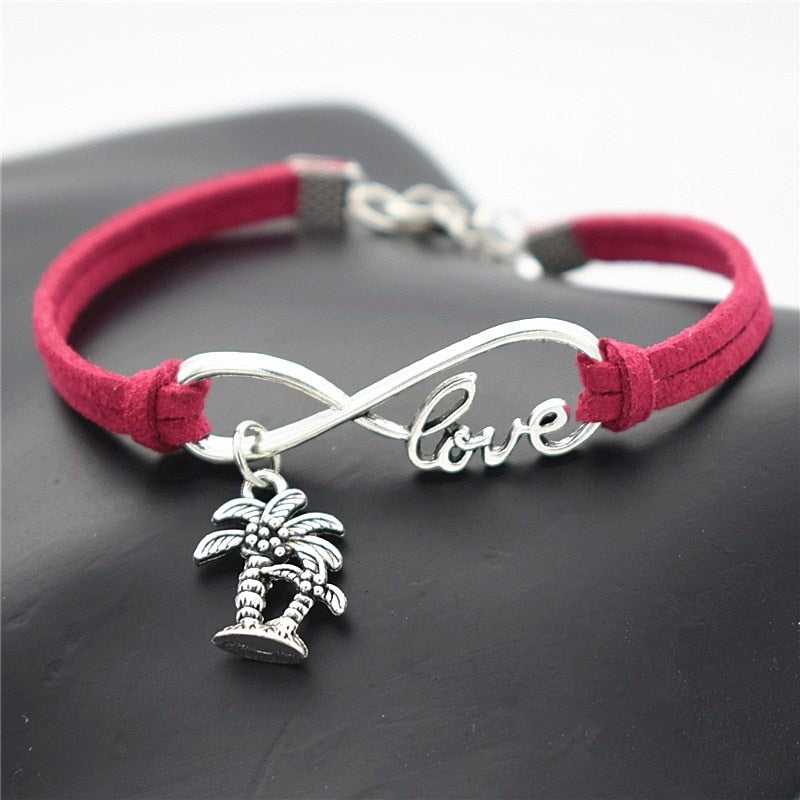 Fashion Summer Beach Vintage Plant Antique Silver Double Coconut Palm Tree Charm Leather Infinity Love Bracelets Gifts Jewelry