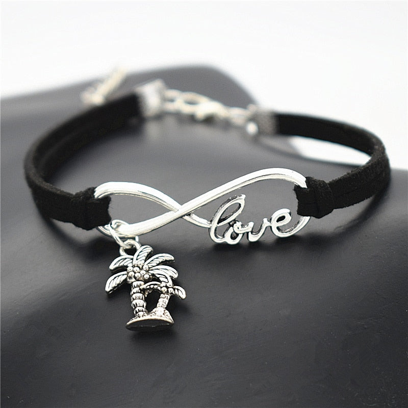 Fashion Summer Beach Vintage Plant Antique Silver Double Coconut Palm Tree Charm Leather Infinity Love Bracelets Gifts Jewelry