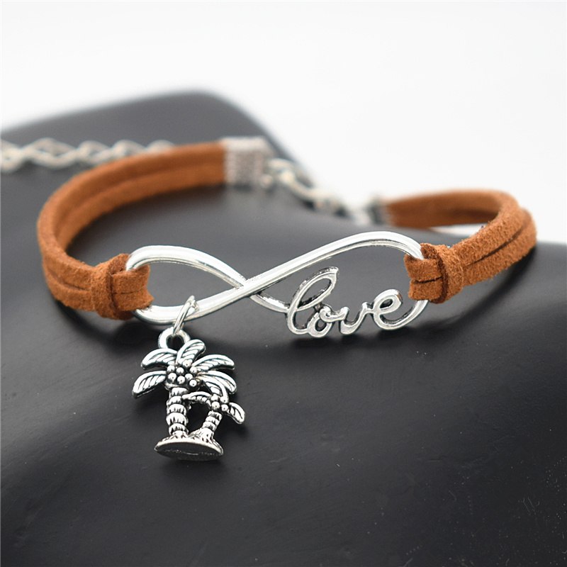 Fashion Summer Beach Vintage Plant Antique Silver Double Coconut Palm Tree Charm Leather Infinity Love Bracelets Gifts Jewelry