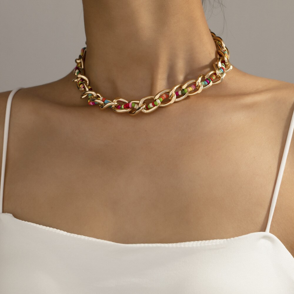 Thick Bead Metal Thick Chain Choker Necklace for Women Twist Gold Color Short Colorful Bead Collar Party Jewelry