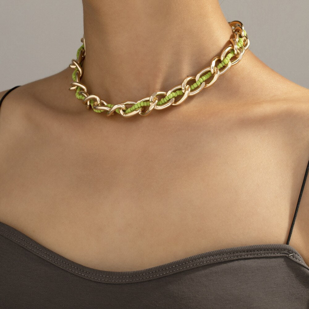 Thick Bead Metal Thick Chain Choker Necklace for Women Twist Gold Color Short Colorful Bead Collar Party Jewelry