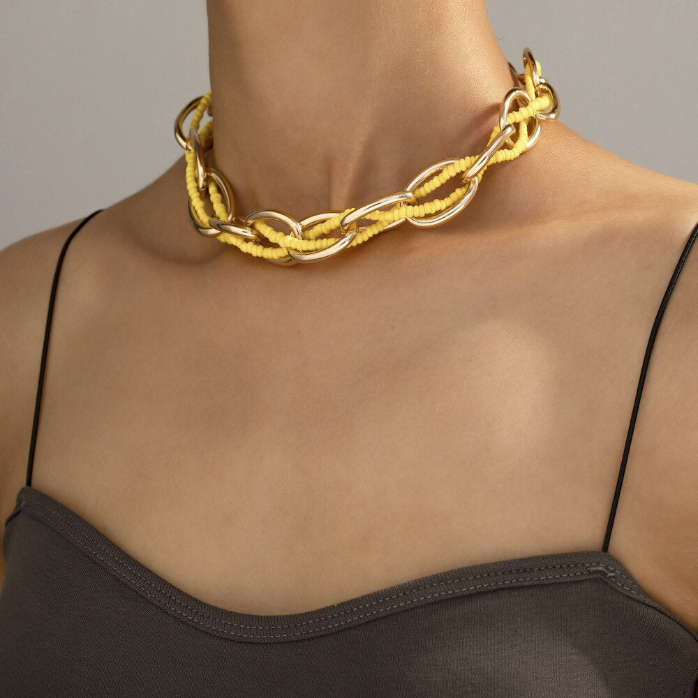 Thick Bead Metal Thick Chain Choker Necklace for Women Twist Gold Color Short Colorful Bead Collar Party Jewelry