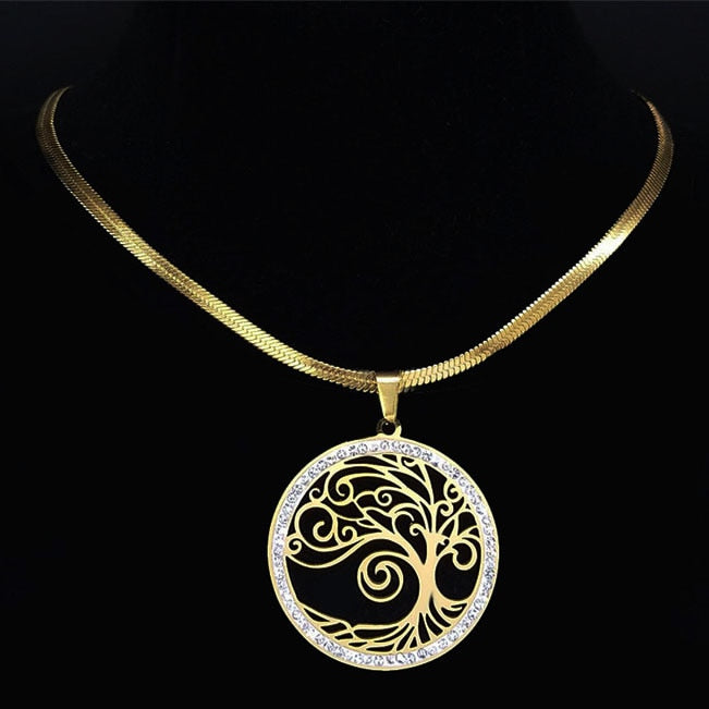 Tree of Life Crystal Stainless Steel Neckless Chain Women Gold Color Choker Necklaces Jewelry colier femme N19S02